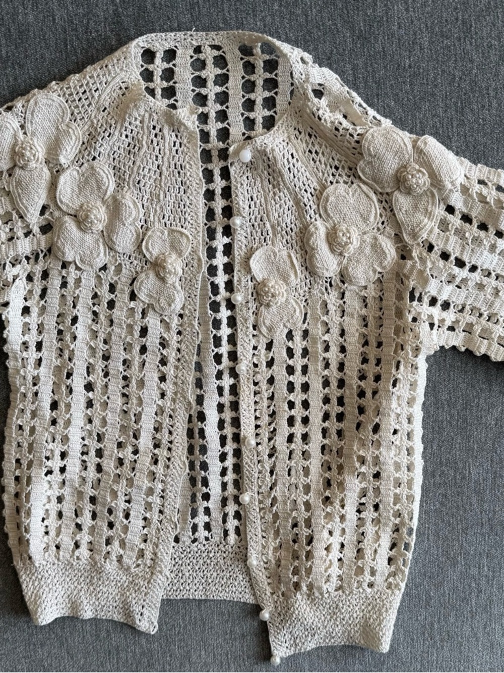 Women's handmade Crochet Floral Button-Front Sweater Cardigan - Cream